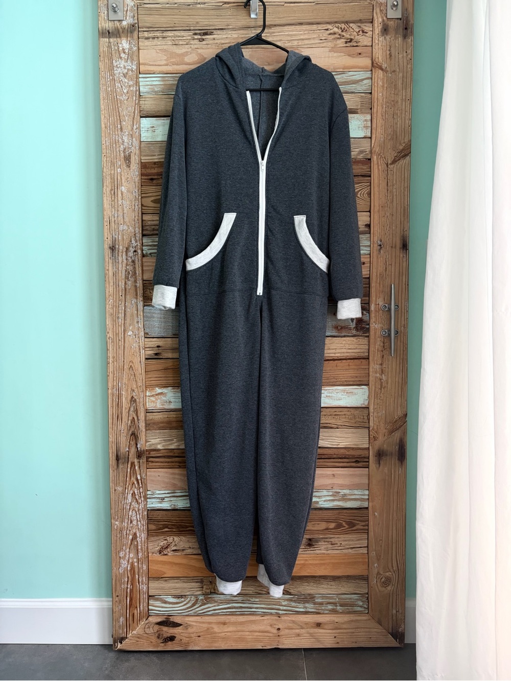 SHEIN Cozy Hooded Jumpsuit Romper Charcoal Gray Full Zip Lounge One Piece